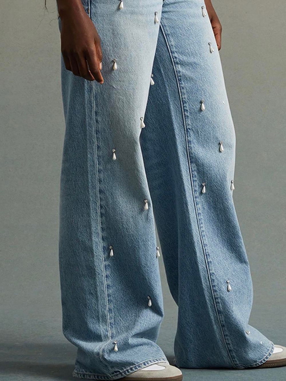 Rare denim edit Light Blue Wide-Leg Embellished Jeans- HEMMED TO 28” inseam